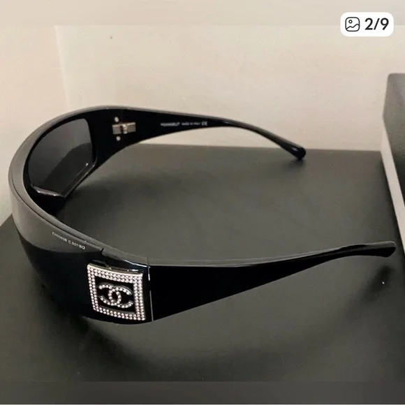 Vintage Chanel Black Rhinestones Shield Sunglasses Shield lens has been replaced - Picture 2 of 5
